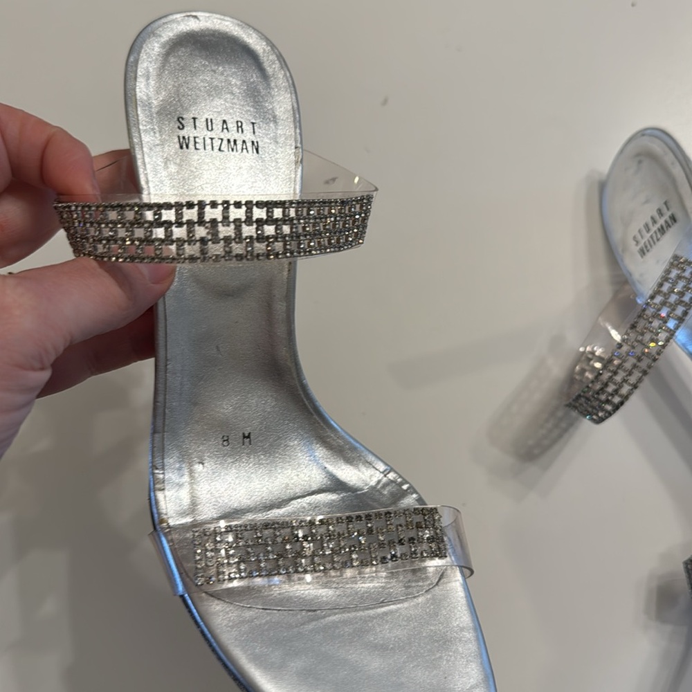Stuart Weitzman Aleena Crystal Lucite Rhinestone Slide Heels Sandals Size 8 EUC - Picture 3 of 14